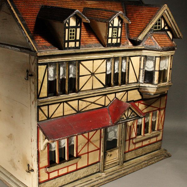 Houses by Rooms Hacker Antique German / HM322 Ref & Red Stamp Outstanding Christian Dollhouse - with - large Dolls